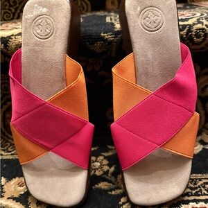 Women’s sandal. Hot pink and orange sandal.  Suede foot bedding.